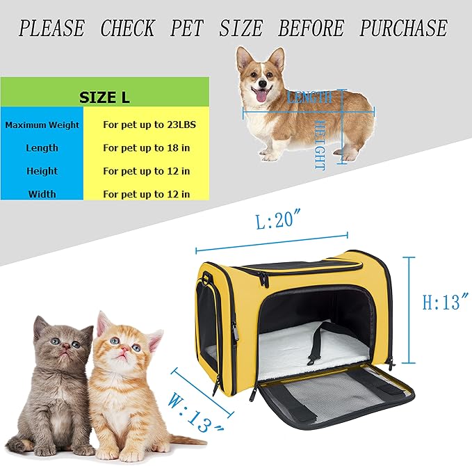 Soft Sided Carrier for Small Medium Cats Dogs,Removable Pad Collapsible Travel Pet Carrier Large Yellow
