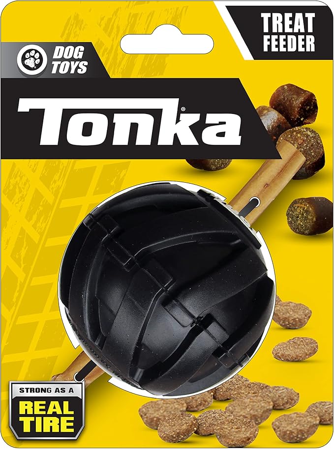Tonka Mega Tread Ball Treat Holder Dog Toy, Lightweight, Durable and Water Resistant, 3 Inches, for Small/Medium/Large Breeds, Single Unit, Black
