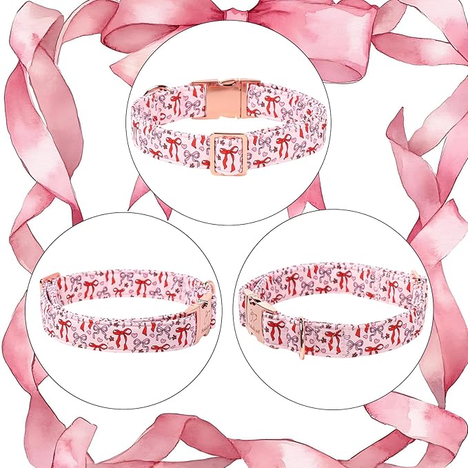 Pink Dog Collar for Female Medium Dogs - Cute Bow Pattern Girl Dog Collar for Spring Summer, Adjustable Heavy Duty Pet Valentines Collars with Metal Buckle M