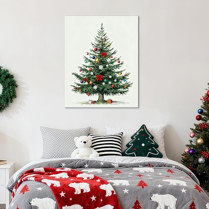 Framed Christmas Pictures Wall Decor,Vintage Pine Tree Prints,Winter Christmas Canvas Wall Art Decoration for Bedroom Bathroom Living Room Rustic Xmas Holiday Gifts (Christmas Tree 8, 12'' X 16'')