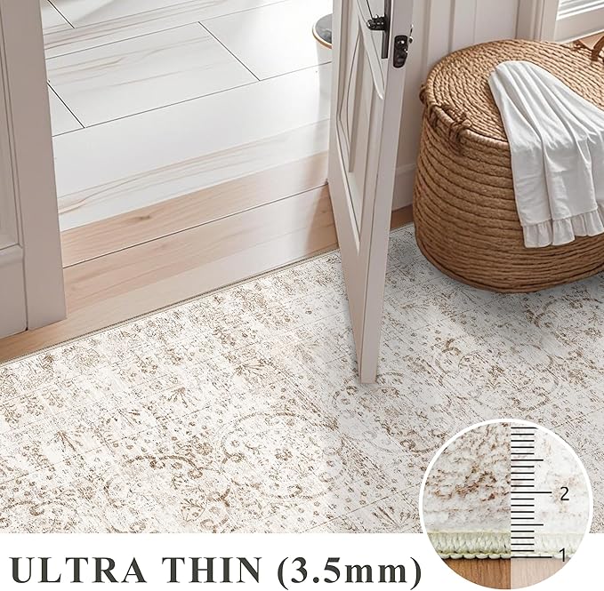 RUUGME Runner Rug 3x8 Washable - Hallway Rugs with Non Slip Backing Low Pile Stain Resistant Rug for Kitchen Bedroom Dining Room Soft Boho Vintage Thin Carpet Home Decor Floor Mat 3x8 Beige Brown