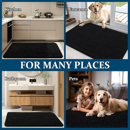 OLANLY Dog Door Mat for Muddy Paws 35x24, Absorbs Moisture and Dirt, Absorbent Non-Slip Washable Doormat, Quick Dry Chenille Mud Mat for Dogs, Entry Indoor Entryway Carpet for Inside Floor, Black
