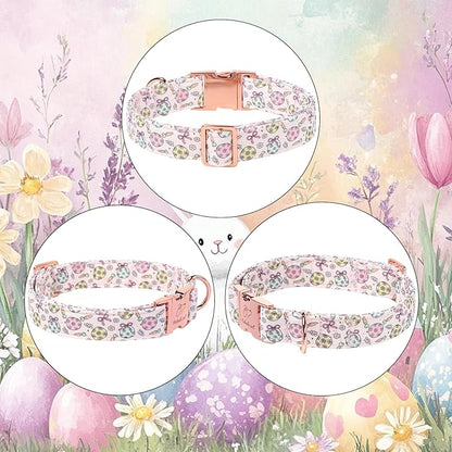 Easter Dog Collar, Pastel Floral Egg Easter Collars for Large Dogs, Cute Girly Spring Holiday Dog Collars, Adjustable Heavy Duty Female Pet Collar with Metal Buckle L