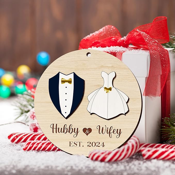 Couple Gifts for Men Women - Christmas Decorations Wooden Ornaments - Bridal Shower Engagement Wedding Gifts for Her Him Couples, Just Married Couple Gift Ideas