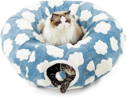 Lesure Donut Cute Jacquard Cat Tunnel Bed Kitten Toys for Puppy Bunny | 33.5x33.5x10in,Round Cat Bed Tube for Indoor Cats Rabbit Dog,Pet Peekaboo Cave Toy,Spiral Hideaway,Washable Cushion,Blue