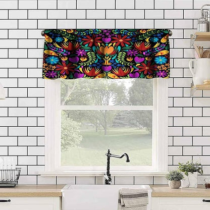 Mexico Valances Curtain for Kitchen, Colorful Mexican Style Flowers Pattern Window Treatment Valances Short Curtains Rod Pocket Drape for Dining Room Home Farmhouse Decor, 54x18inch