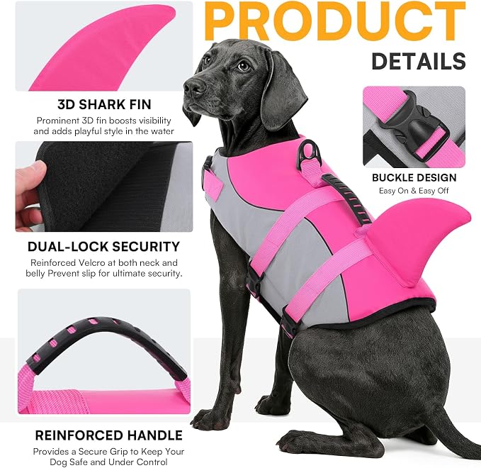 Dog Life Jacket Ripstop Shark Dog Safety Vest Adjustable Preserver with High Buoyancy and Durable Rescue Handle for Small,Medium,Large Dogs, Pink Shark X-Large