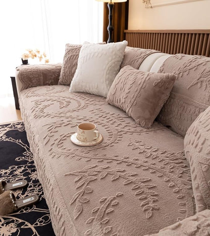 Fuzzy Rabbit Plush Sofa Cover Cozy Warm Sofa Couch Covers with 3D Jacquard Leaf Pattern Non-Slip Easy-to-Install Shaggy Sofa Slipcover Prefect for Kids Dogs Cats Cats(Cream Coffee,36"x94")