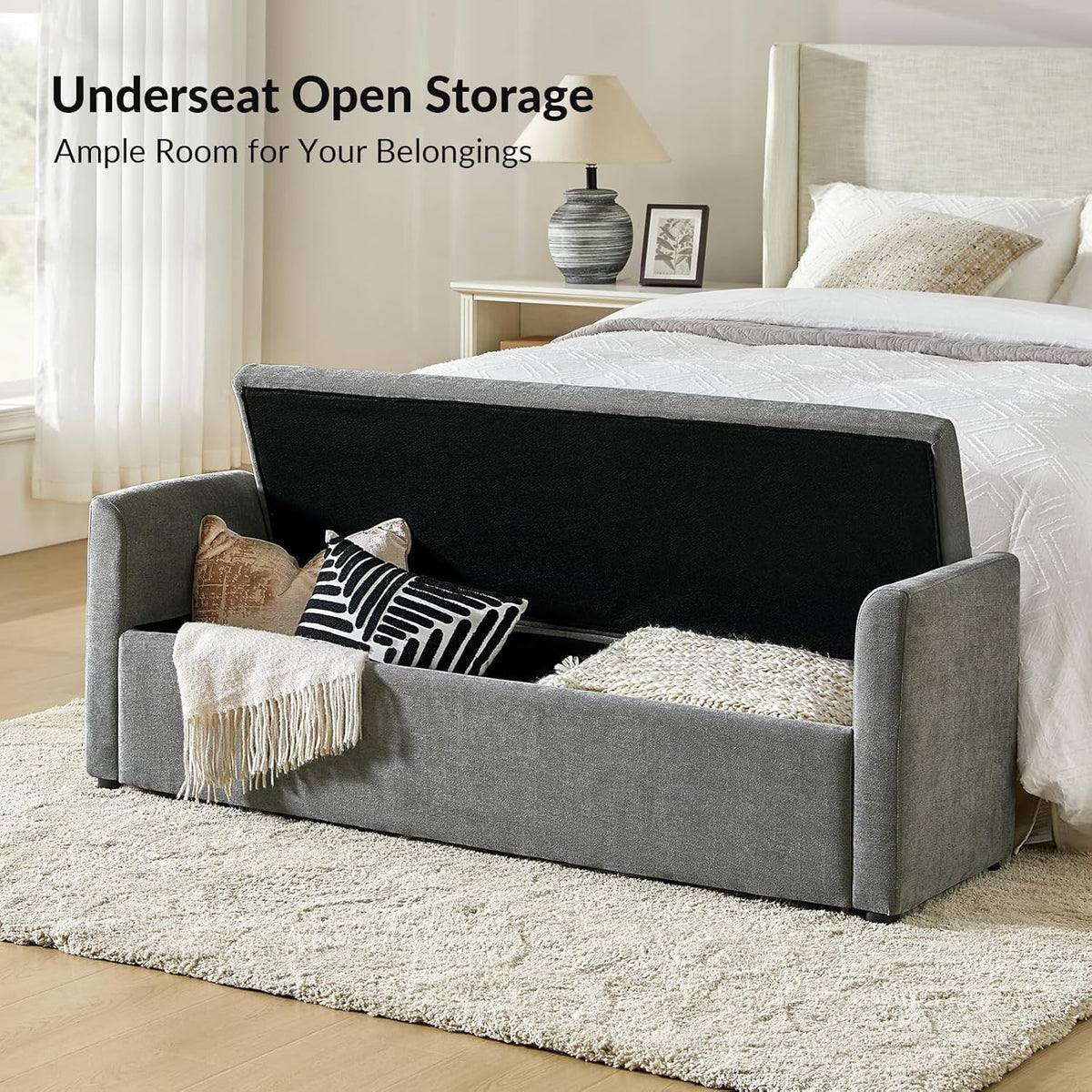 HULALA HOME Modern Storage Bench with Throw Pillows, 59.4" Extra Long Bedroom Ottoman Bench for End of Bed, Comfy Upholstered Footstool for Entryway Dining Room Living Room, Charcoal