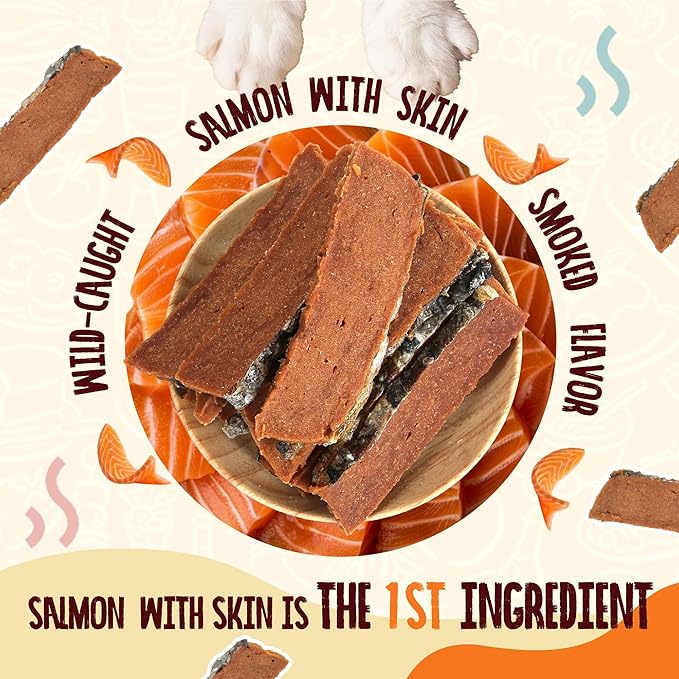 PAWUP Salmon Fillet Dog Treats, Salmon Jerky with Fish Skin, Healthy High Protein Snacks, Natural Omega 3-6, Low in Fat with Taurine,12.5oz (Smoked Flavor)