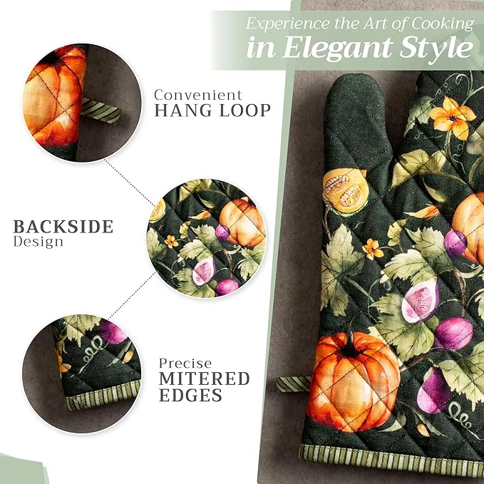 Maison d' Hermine Oven Gloves 100% Cotton Oven Mitt 7" x 13" with Loop Heat Resistant Cooking Gloves for Thanksgiving Christmas Decorations Handling Hot Pans (Pack of 1, Pumpkin Garden - Dark Green)