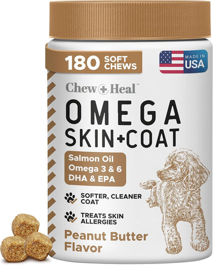 Omega for Dogs - 180 Delicious Soft Chews - Salmon Oil Treats for Skin and Coat, Itch Relief - Fish Oil Blend of Essential Fatty Acids, Omega 3, 6, and 9, and Vitamins - Peanut Butter Flavor