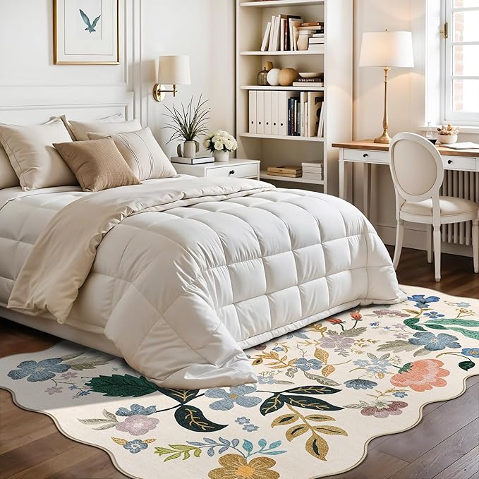 5x7 Living Room Area Rugs: Washable Floral Non-Slip Rug for Bedroom Dining Room Ultra Soft Carpet for Nursery Kitchen Home Office Farmhouse Thin Floor Mat for Teen Girls and Boys Dorms(5x7,Cream)