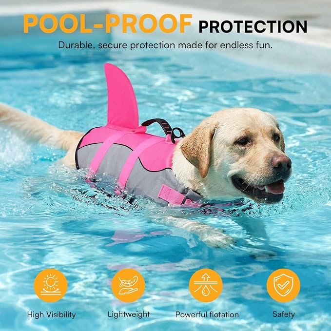 Dog Life Jacket Ripstop Shark Dog Safety Vest Adjustable Preserver with High Buoyancy and Durable Rescue Handle for Small,Medium,Large Dogs, Pink Shark X-Large