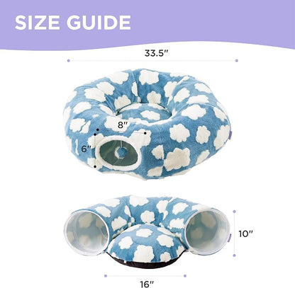 Lesure Donut Cute Jacquard Cat Tunnel Bed Kitten Toys for Puppy Bunny | 33.5x33.5x10in,Round Cat Bed Tube for Indoor Cats Rabbit Dog,Pet Peekaboo Cave Toy,Spiral Hideaway,Washable Cushion,Blue