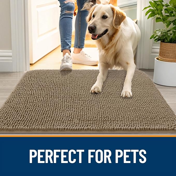 OLANLY Dog Door Mat for Muddy Paws 40x32, Absorbs Moisture and Dirt, Absorbent Non-Slip Washable Doormat, Quick Dry Chenille Mud Mat for Dogs, Entry Indoor Entryway Carpet for Inside Floor, Tan