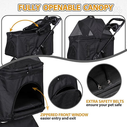 4 Wheels Dog Stroller with Detachable Carrier Folding Pet Strolling Cart for Small Medium Cats Puppies with Storage Basket Cup Holder, Black