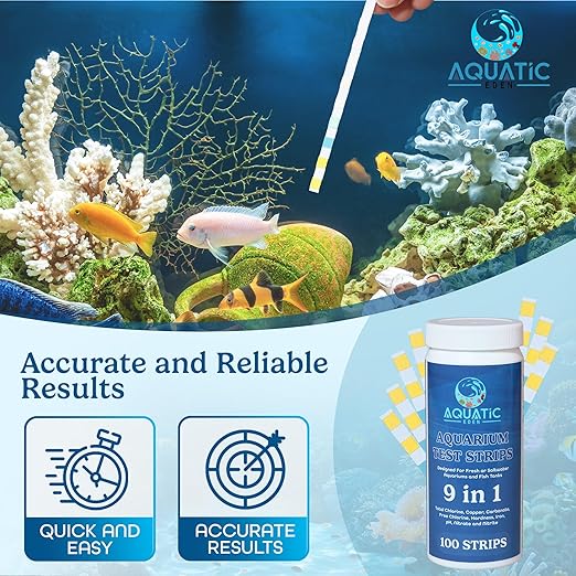 9-in-1 Aquarium Water Test Kit - 100 Freshwater & Saltwater Test Strips | Fish Tank Kit for pH, Nitrate, Nitrite, Hardness, Chlorine, Iron, Copper, Alkalinity, Carbonate | Quick & Reliable Results