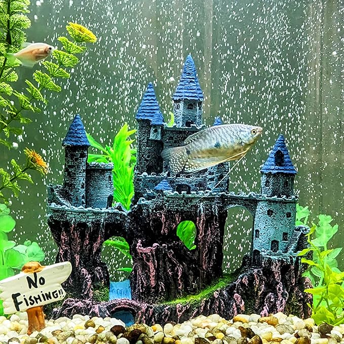 Aquarium Castle Decoration for Fish Tank Castle Cave Hideouts House Plants Supplies Accessories Safe for Freshwater and Saltwater Fish Tanks – Medium（Blue）