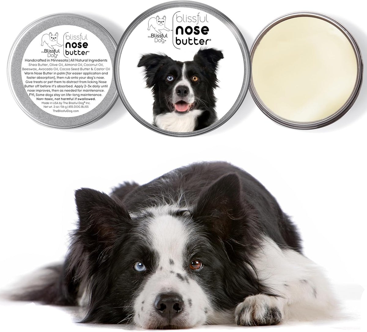The Blissful Dog Border Collie Nose Butter for Dry, Cracked Skin, Lick-Safe Dog Nose Balm with Moisturizing Shea Butter, Almond, Olive, and Essential Oils, Pet Supplies, Uncented, 8 oz.