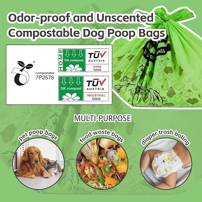 Cat Litter Bags for Poop, Compostable Kitty Poop Bags, 100 Count Unscented Disposal Waste Bags with Handle, Fit Any Scoop, Odor Sealing and Leakproof Dog Pooper Bag
