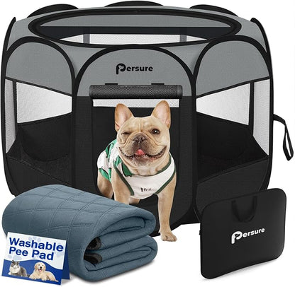 Persure Dog Cat Pet Playpen Puppy Crate Cage for Indoor Outdoor Travel | Nursing Rest Zone Recovering Pet Quarantine Room Portable Pop Up Easy to Set up lightweight Bag(Dark Grey with Pad, Large)