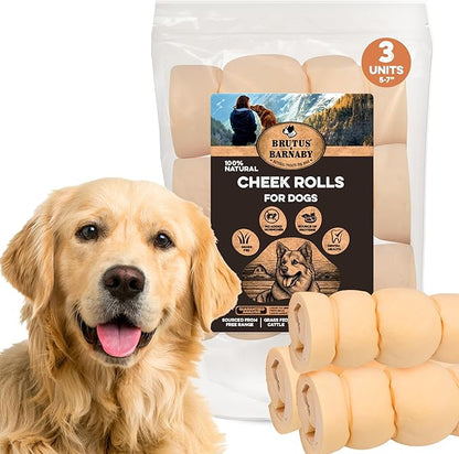 Premium Beef Cheek Rolls for Dogs 5-7" - (3-Pack) Long Lasting, Safe & Natural Rawhide Alternative Chews, Ideal for Large Dogs & Aggressive Chewers, Supports Dental Health & Digestion
