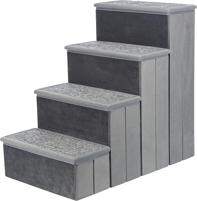 Trixie Velour Dog Stairs with Tread Steps - 4 Step Pet Stairs for Beds and Couches - Foldable with Additional Storage Space - Gray