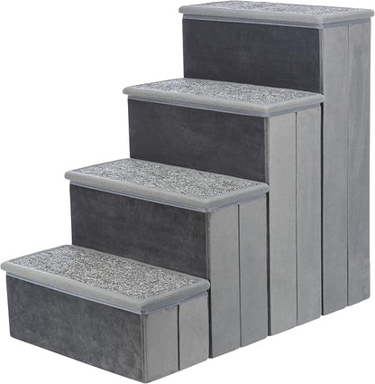 Trixie Velour Dog Stairs with Tread Steps - 4 Step Pet Stairs for Beds and Couches - Foldable with Additional Storage Space - Gray