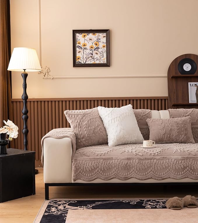 Fuzzy Rabbit Plush Sofa Cover Cozy Warm Sofa Couch Covers with 3D Jacquard Leaf Pattern Non-Slip Easy-to-Install Shaggy Sofa Slipcover Prefect for Kids Dogs Cats Cats(Cream Coffee,36"x94")