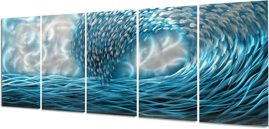 Yihui Arts Hand Crafted Blue Sea Wave 3D Metal Wall Art - Coastal 5 Panel Aluminum Sculpture for Big Abstract Office, Hallway, Fireplace, and Home Decor