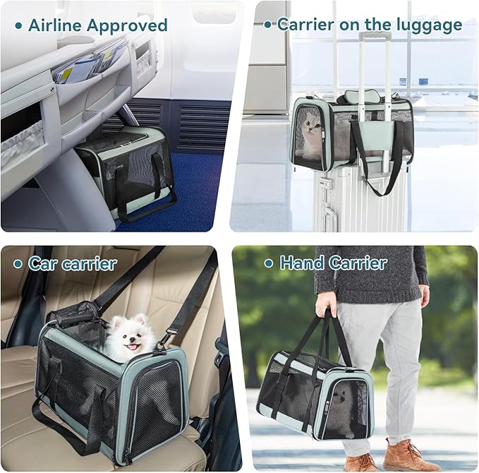 Petsfit 18 x 11 x 11 Pet Carrier Airline Approved, Soft-Sided Cat Carrier, Lightweight and Collapsible, Ventilation on 5 Sides, Escape Proof, with Adjustable Shoulder Strap, Soft Cushion