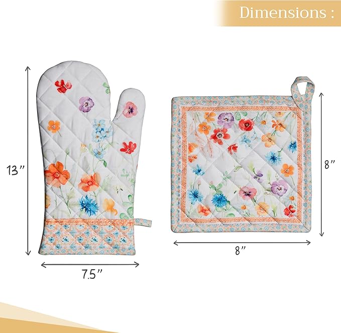 Maison d' Hermine 100% Cotton Oven Mitt & Pot Holder Set (7.5"x13" & 8"x8") Heat Resistant BBQ Cooking Gloves with Loop, Baking, Grilling, Kitchen, Handling Hot Pans Spring/Summer (Summer Whisper)