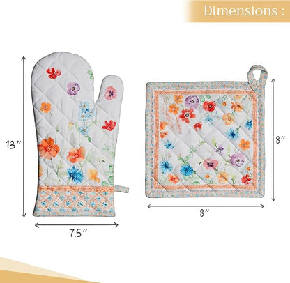 Maison d' Hermine 100% Cotton Oven Mitt & Pot Holder Set (7.5"x13" & 8"x8") Heat Resistant BBQ Cooking Gloves with Loop, Baking, Grilling, Kitchen, Handling Hot Pans Spring/Summer (Summer Whisper)