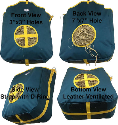 Majestic Ally Nylon Hay Feeder Tote Bag for Horse, Goat, Sheep - Double Sides Open Feed Hole with Faux Leather Ventilated Bottom- Premium Quality -Simulates Grazing - Reduces Waste (Hunter Green)