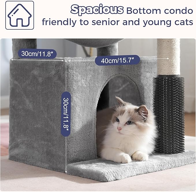 Cat Tree 32 Inches Small Cat Tower with Large Hammock Dia 15.7”,Self Groomer, Fully Scratching Post, Removable Top Bed and Wide Hideway Condo for Indoor Cats-Gray