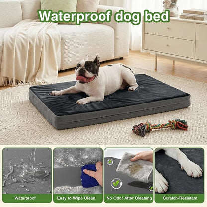 Waterproof Small Dog Bed Crate Pad 24", Washable Orthopedic Puppy Cat Mat | Outdoor Pet Bed Foam, Reversible Faux Leather & Flannel, Durable Removable Cover, Anti-Slip Kennel Pad 23"x17" Dark Gray