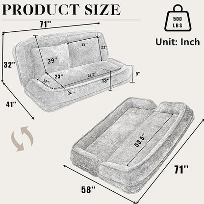 Foldable Lazy Sofa Bed, Double Human Dog Bed for Adults, Light Gray | Skin-friendly Breathable Soft Chenille Upholstered, 5 Adjustable Backrest Positions, 3 Soft Cushions for Living Room