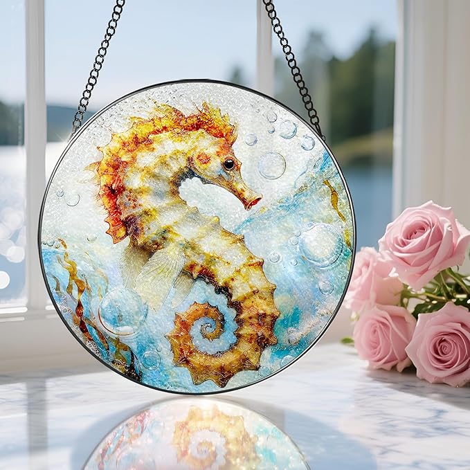 Stained Glass Window Hanging, 8 Inch Seahorse Sun Catcher Decor, Stained Glass Ornament, Suncatchers for Windows Hanging, Window Decor, Seahorse Gifts, Gifts for Ocean Lovers
