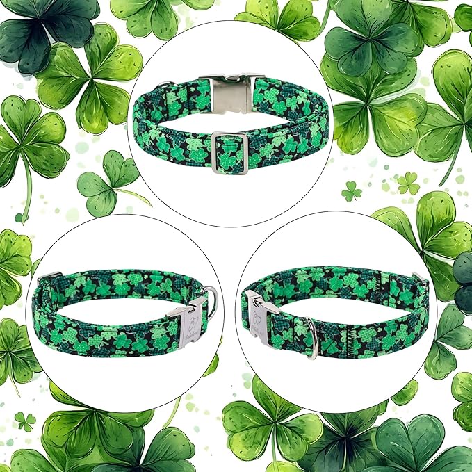 St. Patrick's Day Dog Collar, Lucky Clover Dog Collars, Adjustable Heavy Duty Irish Festive Pet Collar for Small Medium Large Dogs with Metal Buckle XL