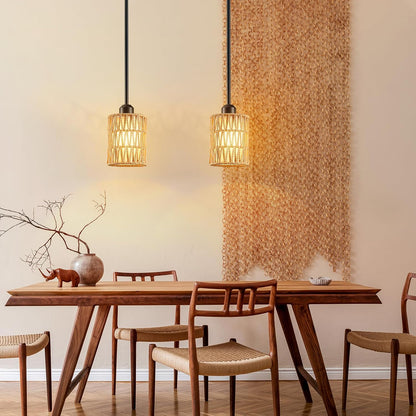 Pendant Light Boho Hanging Lamp, Rattan Hanging Lights with 2 in 1 Linen & Woven Shade, Ceiling Light Fixtures for Kitchen Island, Dining Room, Farmhouse, Bedroom (1 Pack)