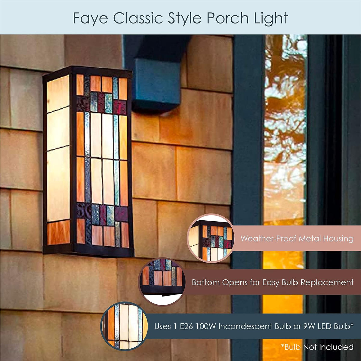 RIVER OF GOODS Art Deco Stained Glass Outdoor Light Fixture - Large Exterior Outdoor Wall Lights for House, Patio, Porch, Garage - Wall Mount Lighting Fixtures - 16.25" H - Faye