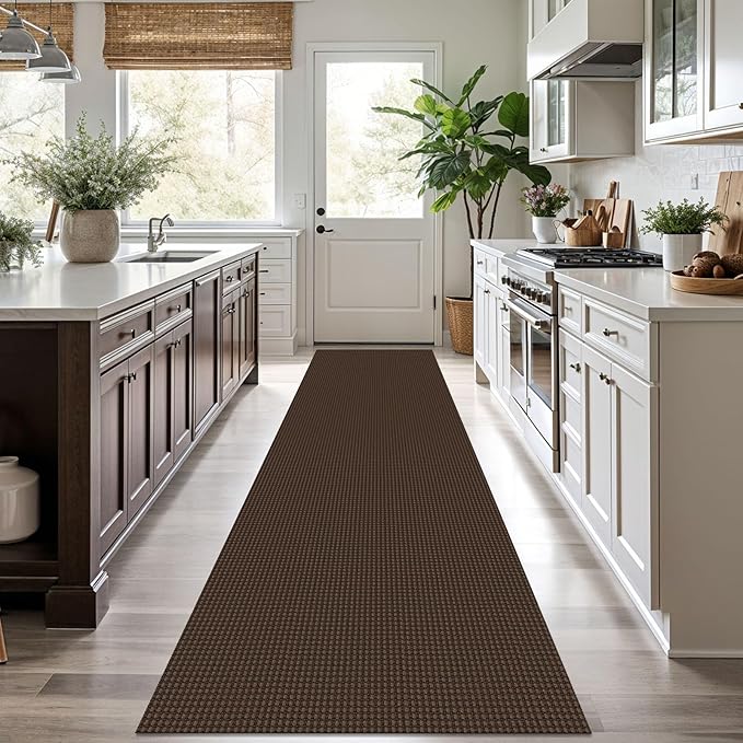 KOZYFLY Runners for Hallways 2.6x10 ft Washable Kitchen Runner Non Slip Rubber Backed Hallway Rugs Cotton Entryway Runner Rug Floor Carpet for Indoor Hall, Backdoor, Kitchen, Reddish Brown/Coffee