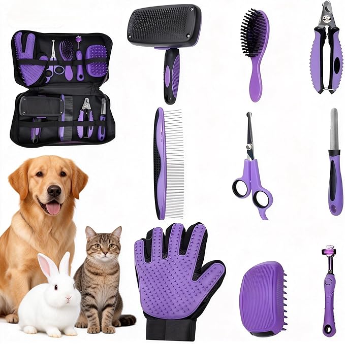 Pet Grooming Tools Kit-9 Packs Dog Cat Grooming Kit Dog Cat Grooming Supplies Dog Cat Brush Set Dog Nail Clippers and Cat Trimming Tools for Short and Long Hair Dog Cat Grooming
