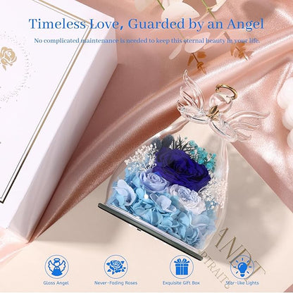 Flowers for Delivery, Christmas Decor Birthday Gifts for Mom Grandma Women, Preserved Rose Forever Flower in Glass Angel Figurines Real Fresh Bouquet for Wife Sister Her from Daughter