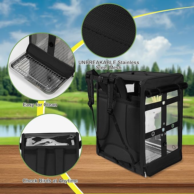 Suertree Bird Carrier Travel Cage, Cockatoo Carrier, Parrot Travel Backpack with Unbreakable Stainless Steel Mesh, Perch, Water Bottle and Food Bowl, X-Large Black