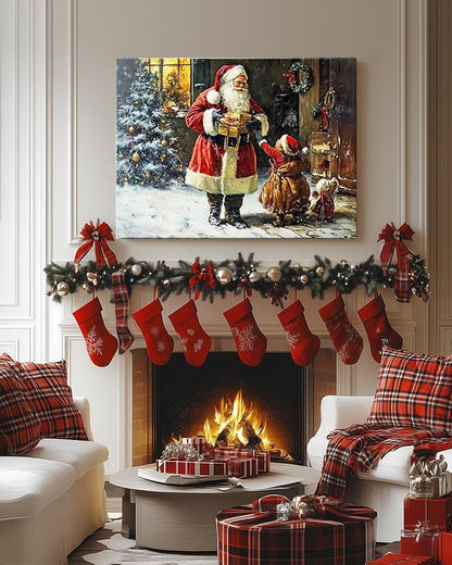 Vintage Santa Claus Christmas Canvas Wall Art - Festive Holiday Painting for Living Room,Bedroom & Bathroom, Cozy Winter Decor Framed Print, Perfect Christmas Gifts & Home Decoration