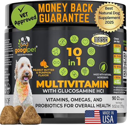 Googipet Premium 10 in 1 Dog Vitamins Multivitamin Chewable with Probiotics for Gut Health, Dog Vitamins and Supplements w/Vitamin C & Glucosamine for Joint Support (Peanut Butter & Pumpkin Flavor)