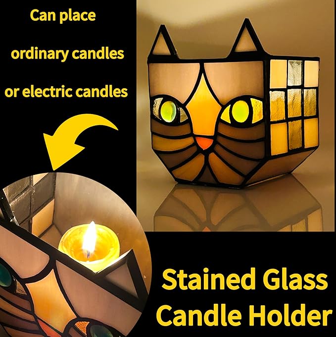 Unique Stained Glass Gray Cat Planter, Plant Pots Indoor,Indoor Flower Pots with Drainage,Window Sill Cat Decoration Gift,4.6x5.15x3IN