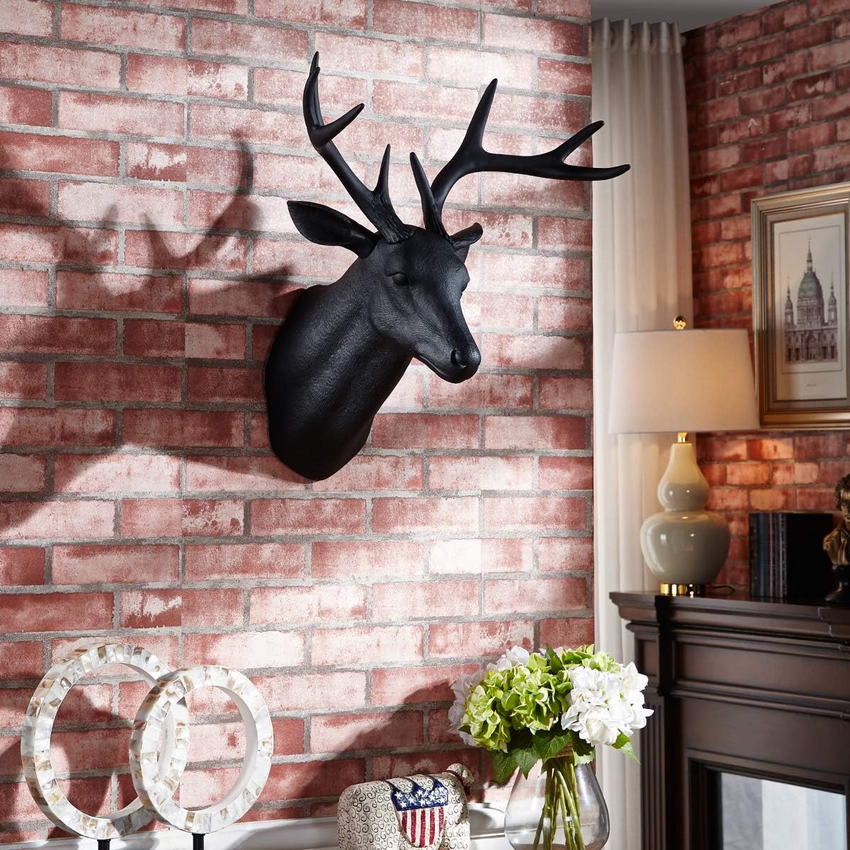 Notakia White Faux Deer Head Faux Taxidermy Animal Head Wall Decor - Handmade Farmhouse Rustic Wall Decor - Large Black Deer Antlers